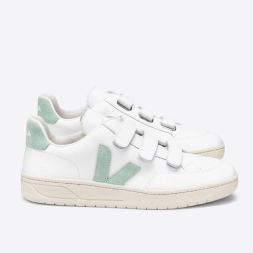 Veja V-lock Leather Mens Trainers White/Mint UK 87597